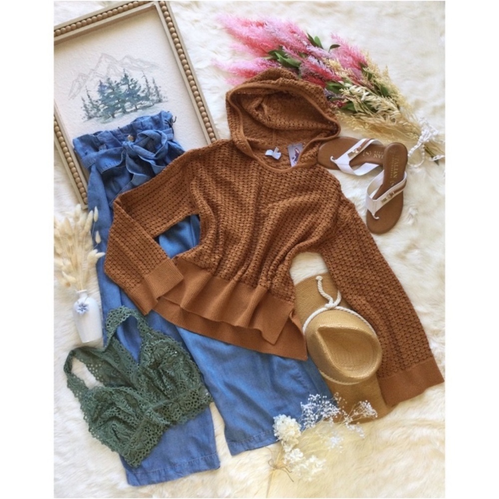NWT Sofia Vergara Clay Rust Brown Hooded Sweater Sz S Western Boho Farmhouse